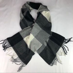 C by Bloomingdales cashmere plaid tassel scarf black gray white